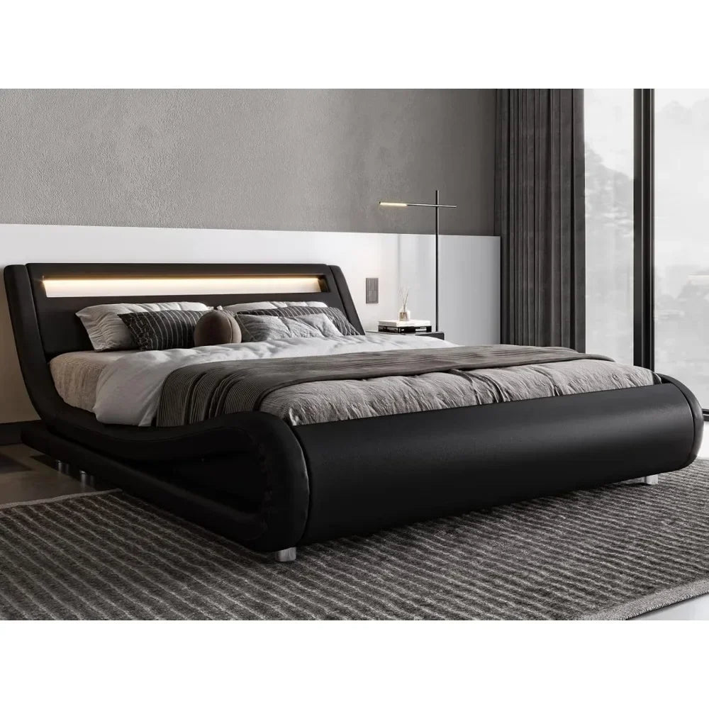 King Size LED Platform Bed Frame with Adjustable Headboard/No Box Spring Need/Easy Assembly/Faux Leather