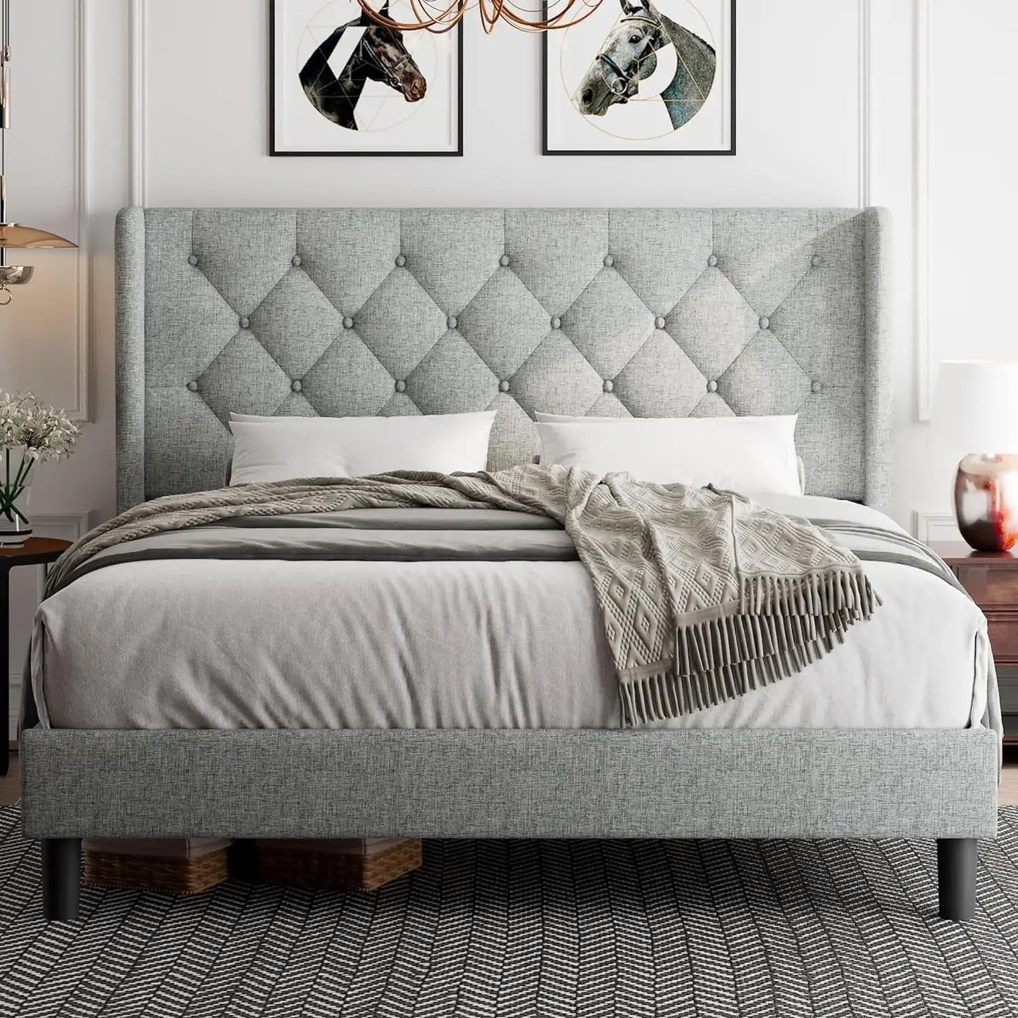 Full Size Bed Frame with Diamond Button Tufted Wingback Headboard, Upholstered Platform Bed Frame with Strong Wood Slat Support
