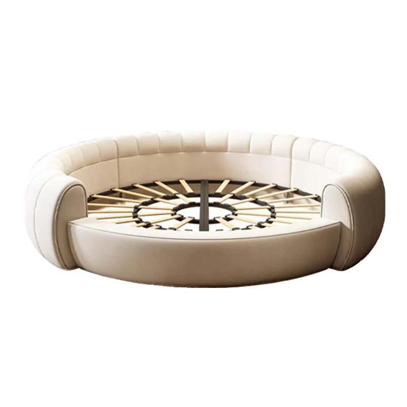 Minimalist Genuine Leather Bed Round Modern King Size American Style Fashionable Bed Light Luxury Wedding Full Lit Furniture