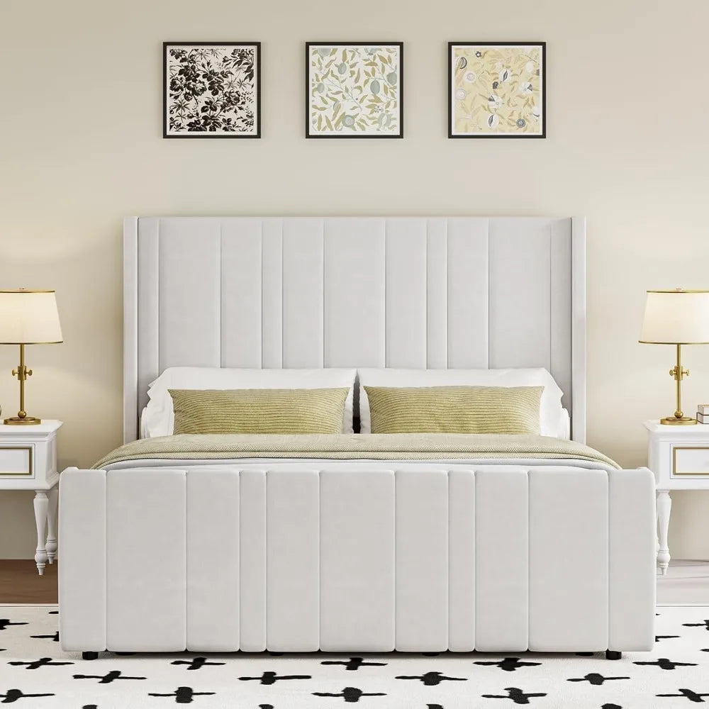 King Size Bed Frame,Wingback Headboard & Footboard, Soft Bed Frame King, Noise Free, Easy Assembly, White