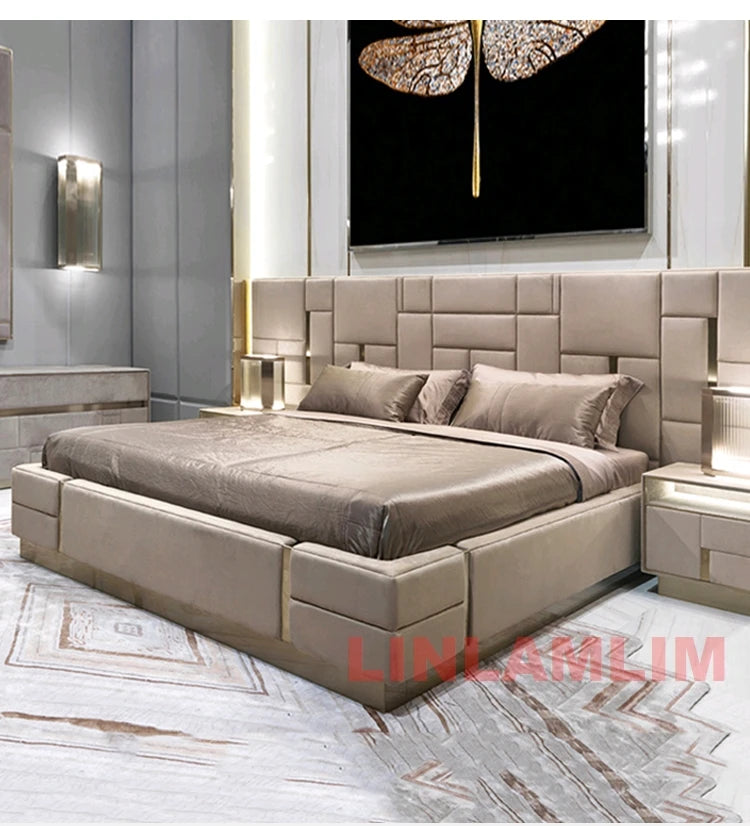 MANBAS Luxury Modern King Size Bed with Soft Upholstered Headboard and Storage Nightstands - Genuine Leather Bedroom Furniture