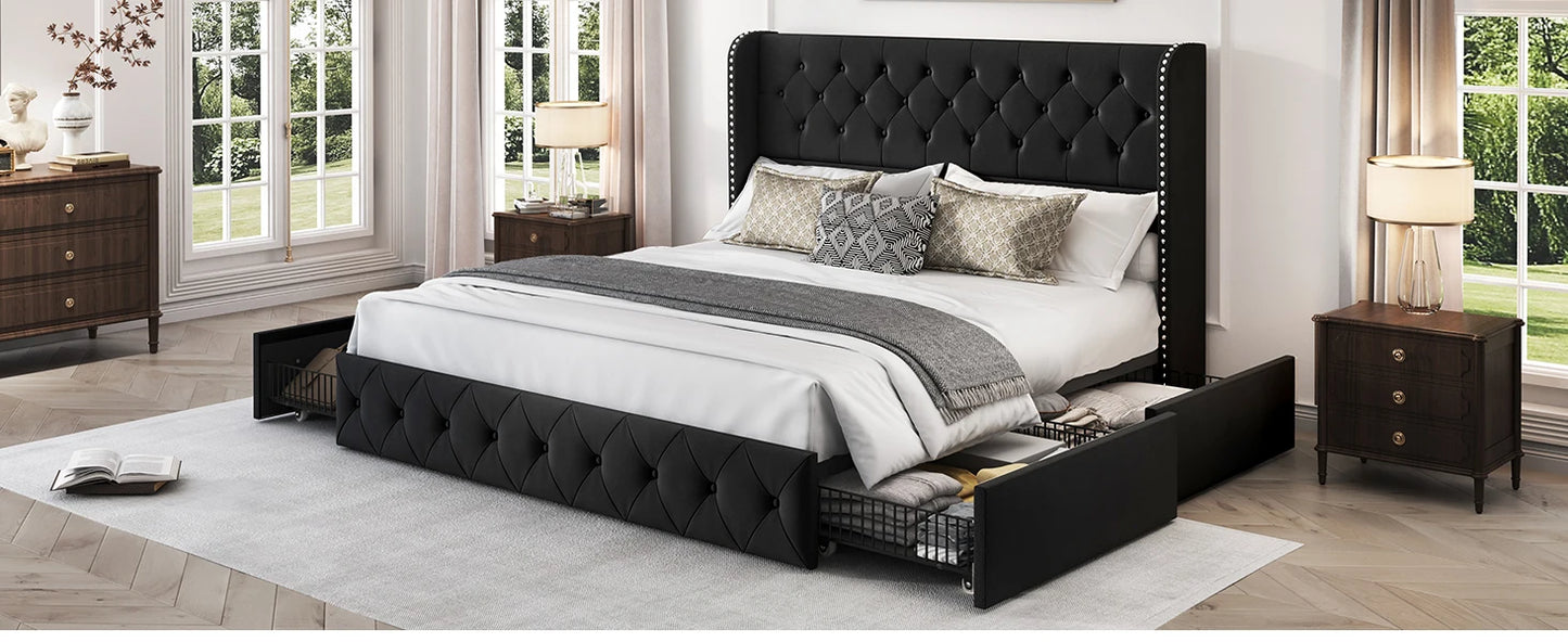 Bedroom Bed, King Size Bed Frame with 4 Storage Drawers and Tufted Headboard Velvet Upholstered Platform Bed Frame Wingback