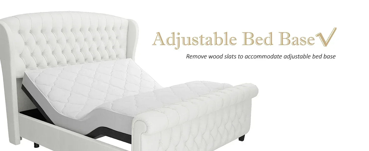 King Size Bed Frame, Chenille Upholstered Sleigh Beds with Scroll Wingback Headboard & Footboard/Button, King Size Bed Frame
