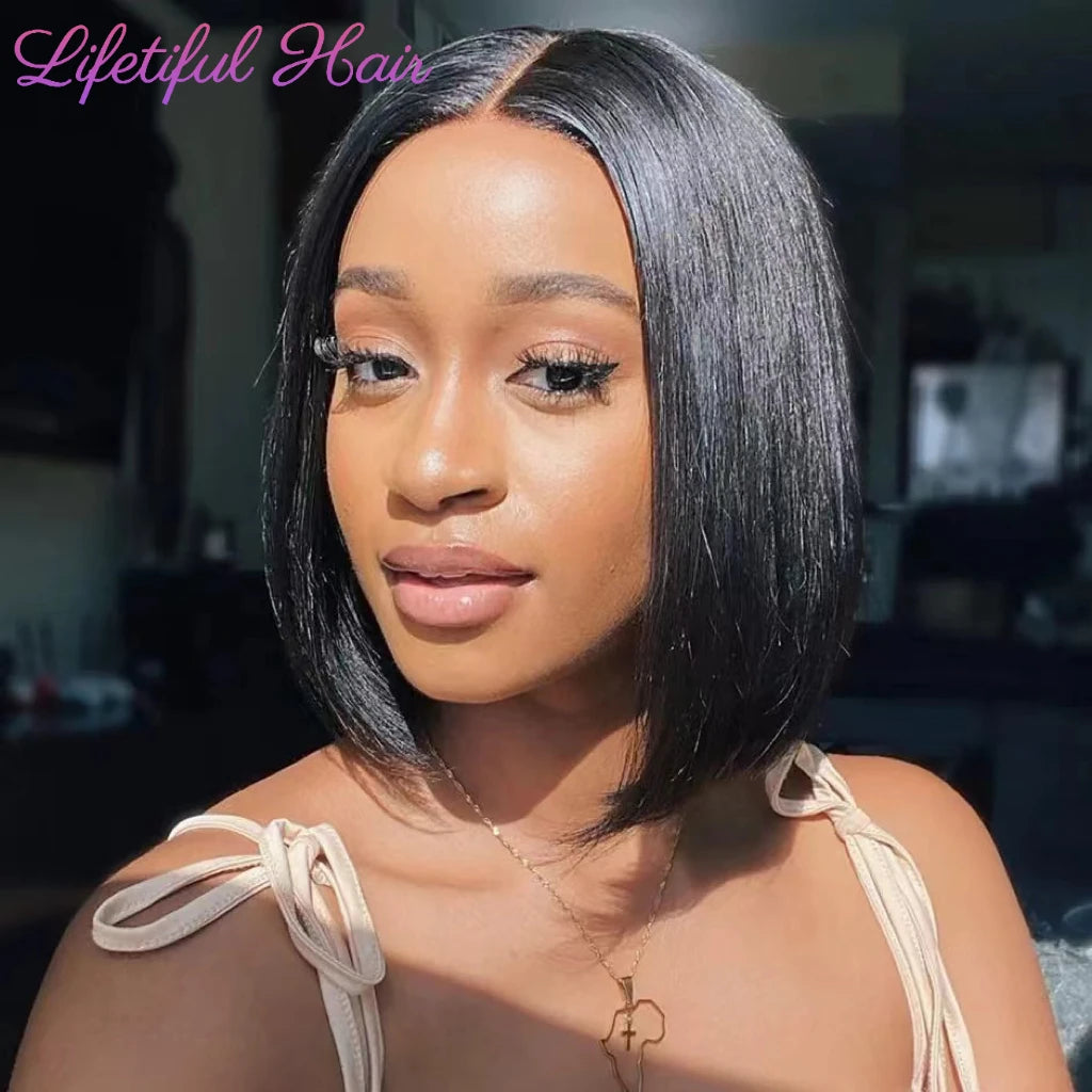 Glueless Bob Hair Wig Human Hair Ready To Wear Straight Transparent 4x4 Lace Closure