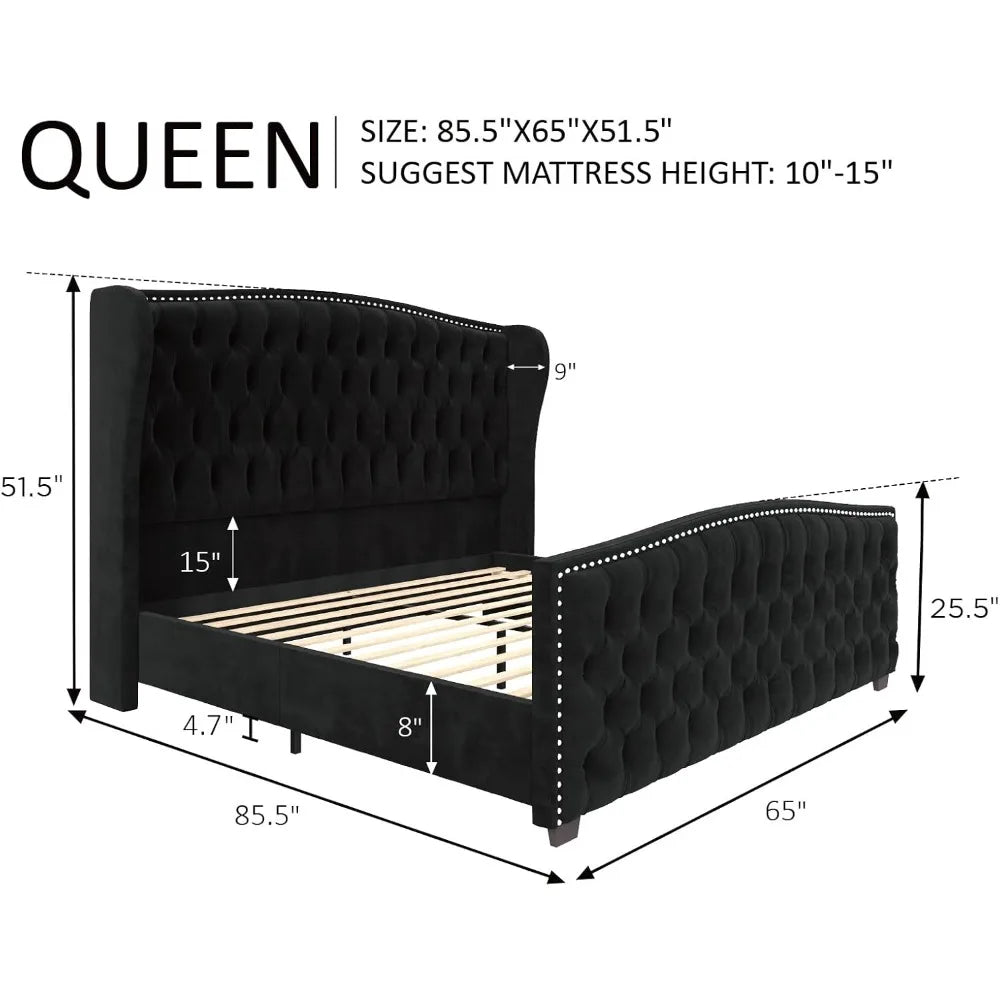 AMERLIFE Queen Size Platform Bed Frame, Velvet Upholstered Bed with Deep Button Tufted & Nailhead Trim Wingback Headboard/No Box