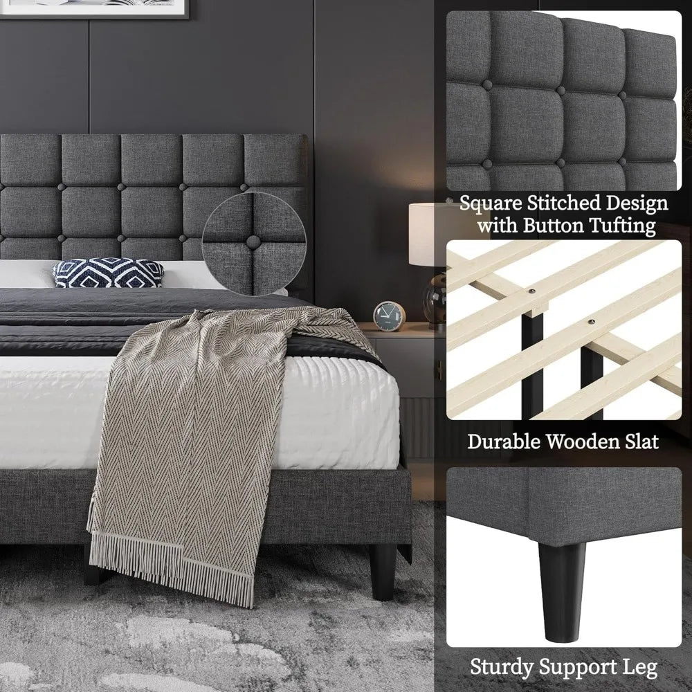 Soft Padded Bed Frame, Modern King Size Bed Platform, with Square Stitching and Button Tufted Headboard, Adjustable Height