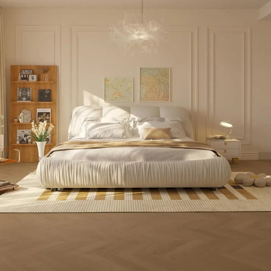 Luxury  Upholstered Platform Bed with Oversized Padded Backrest, Soft Frame Cloud Bed,Pinewooden Slats and Metal Leg