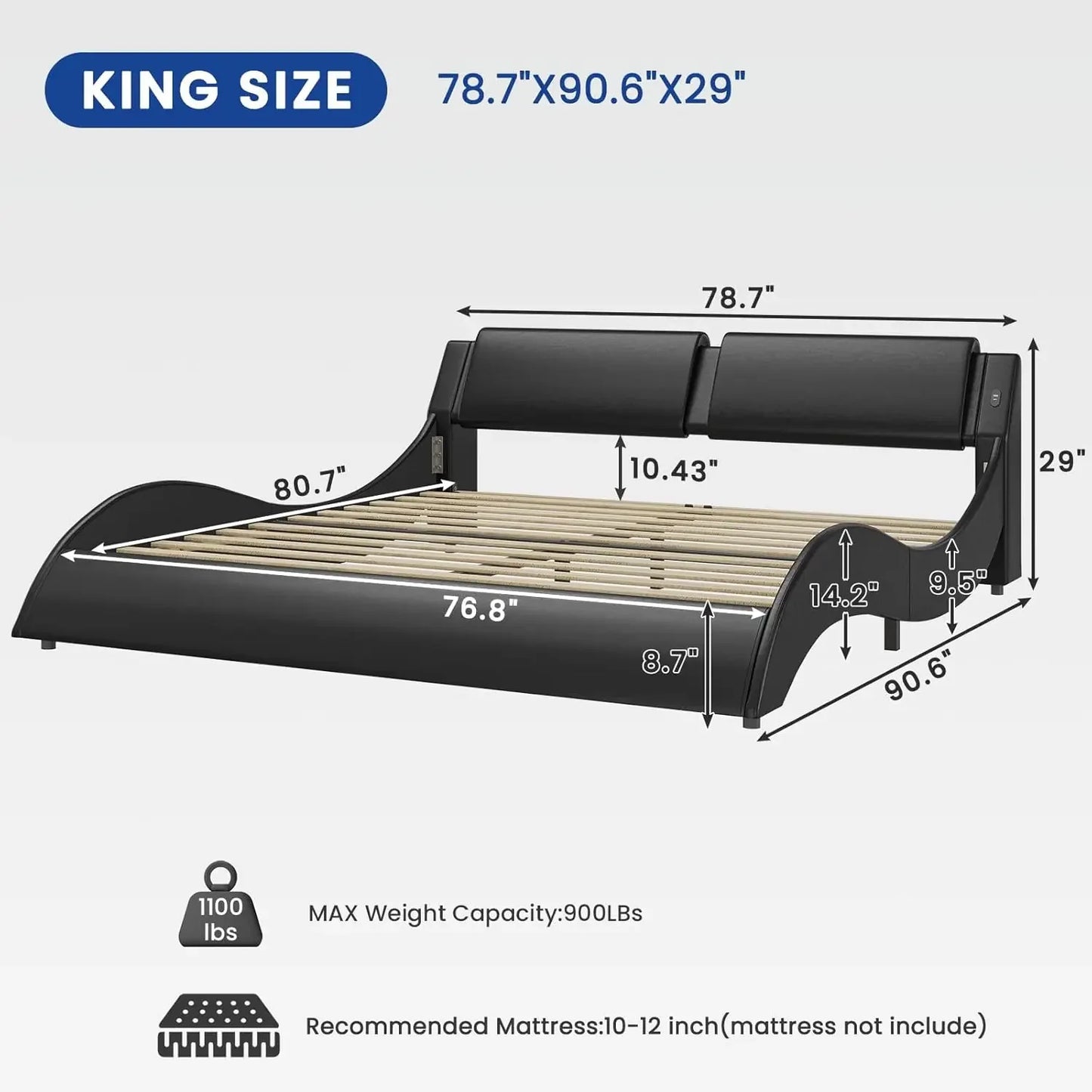 King Bed Frame with Charging Ports and Headboard King Size Platform Bed Frame with LED Lights Wave Like Curve King Led Bed
