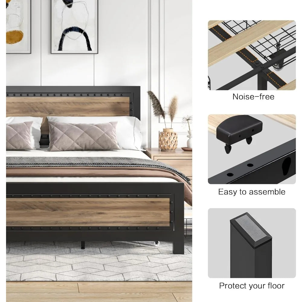 Keyluv King Bed Frame with 4 Storage Drawers, Rivet Modern Headboard and Footboard Platform Bed with Solid Wood Slats Support, N