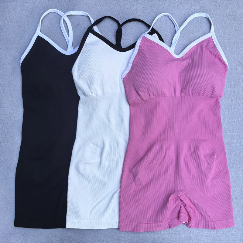 Summer Seamless Yoga Jumpsuit Women Gym Set Spaghetti Strap Leisure Workout Gym Shorts Padded Bra One-piece Fitness Bodysuits