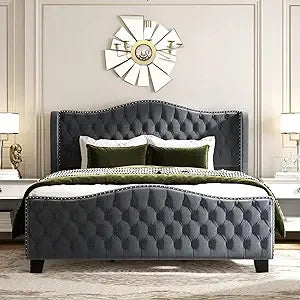 King Size Bed Frame with 51-inch Tall Camelback Headboard, Velvet Upholstered Platform Bed with Deep Button Tufted Footboard & N