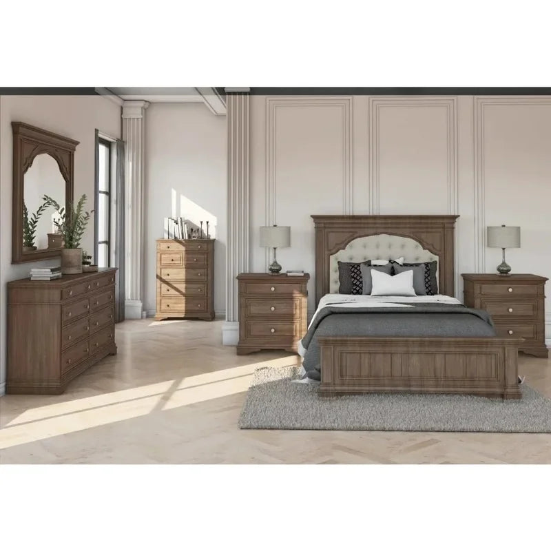 King Bed with Upholstered Button Tufted Headboard and Low Vertical Planked Inset, 83.5" x 90", Farmhouse Style Bed Frame