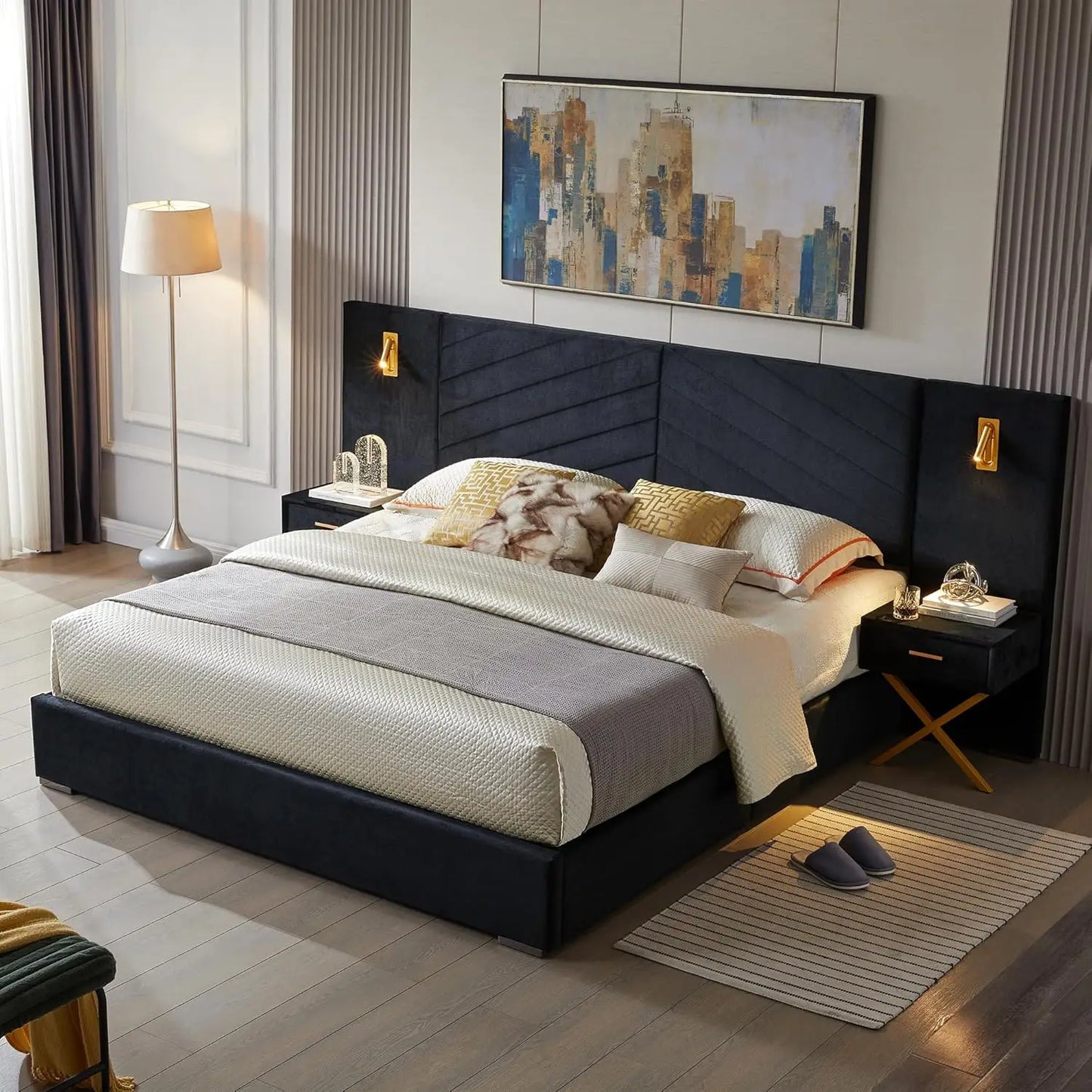 King Platform Bed Frame, Velvet Upholstered Headboard with 2 Built-in Wall Sconces & Nightstands, Sturdy Metal & Solid