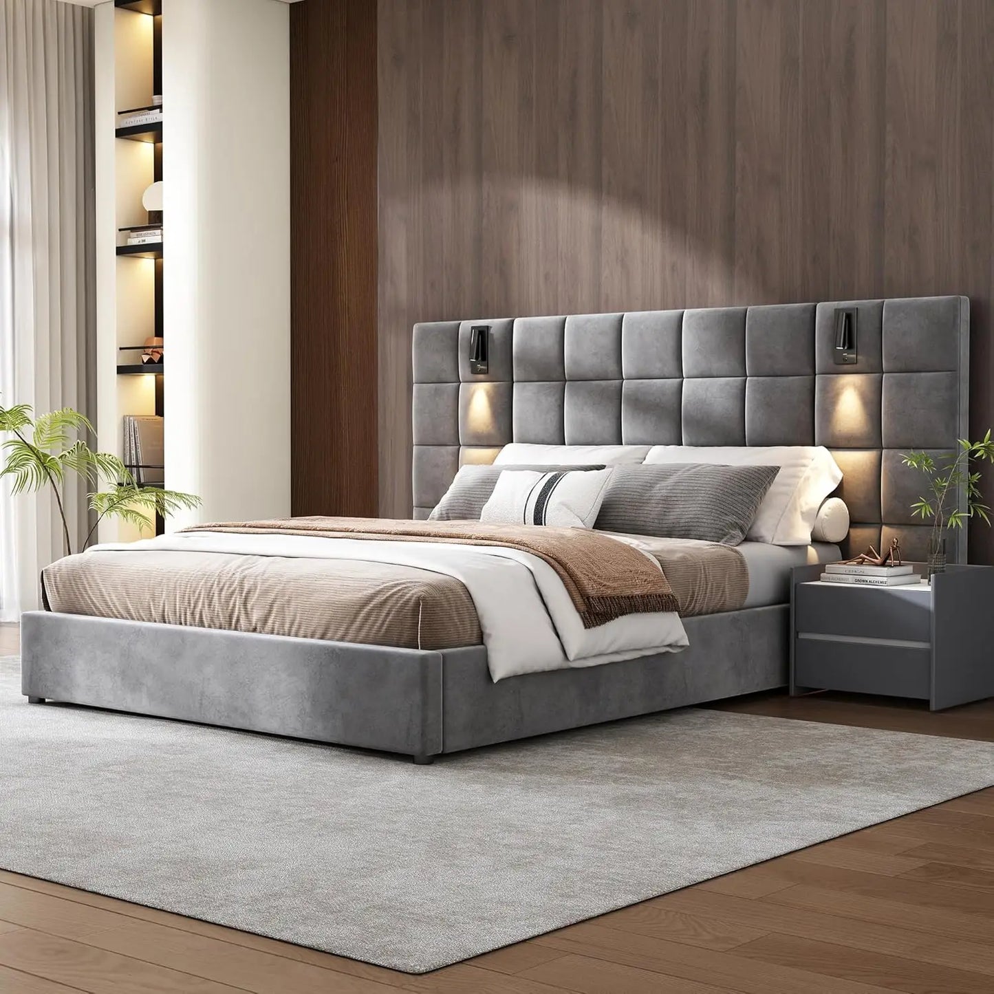 King Size Velvet Platform Bed with Adjustable Reading Lamp and USB Port, Upholstered Platform Bed with Wide Headboard and Wooden