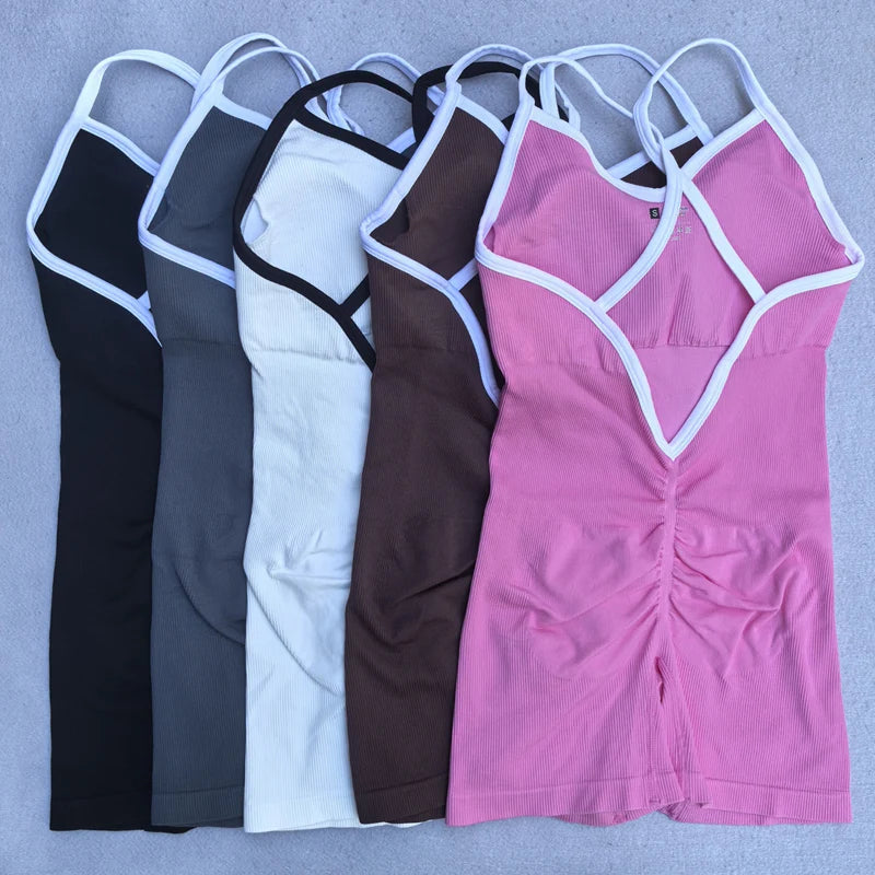 Summer Seamless Yoga Jumpsuit Women Gym Set Spaghetti Strap Leisure Workout Gym Shorts Padded Bra One-piece Fitness Bodysuits