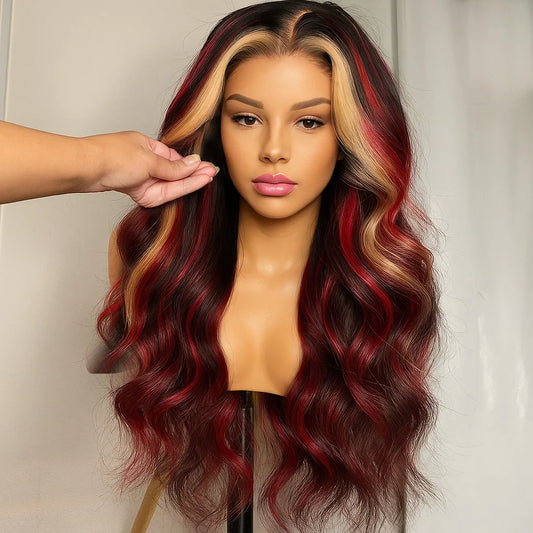 Ombre Red With Blonde Highlights Body Wave 5x5 Glueless Wigs Human Hair Burgundy for Women Pre Plucked 200 Density Colored Wig