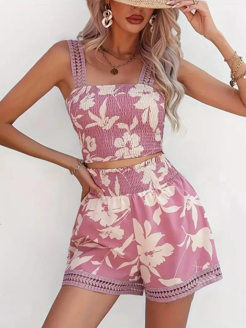Casual Bohemian Vacation Style Women's Suit Summer New Fashion Strappy Backless Women's Short-sleeved Suit 2025