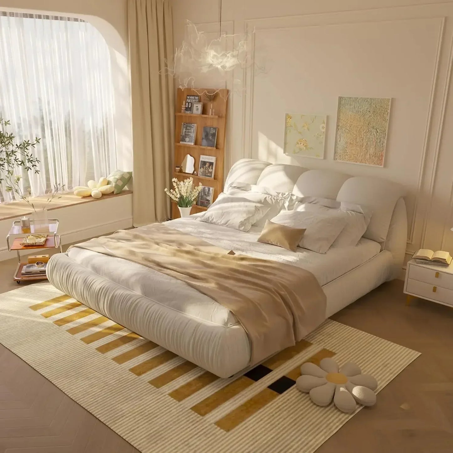 Luxury  Upholstered Platform Bed with Oversized Padded Backrest, Soft Frame Cloud Bed,Pinewooden Slats and Metal Leg