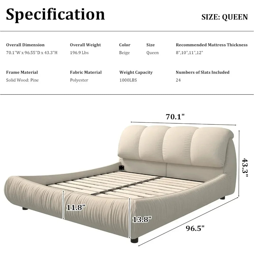 Luxury  Upholstered Platform Bed with Oversized Padded Backrest, Soft Frame Cloud Bed,Pinewooden Slats and Metal Leg