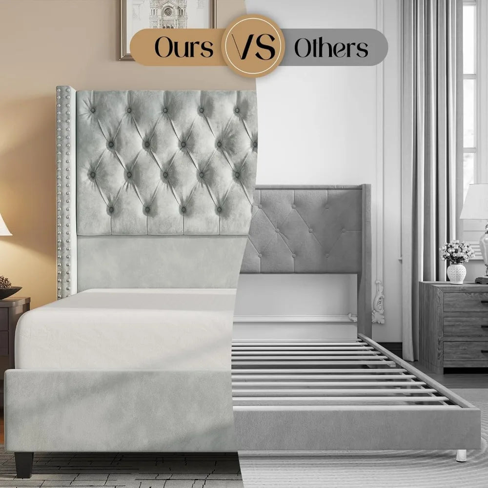 Queen Size Bed Frame Velvet Upholstered Platform Bed 51.6" Tall Wingback Headboard Deep Button Tufted, No Box Spring Needed