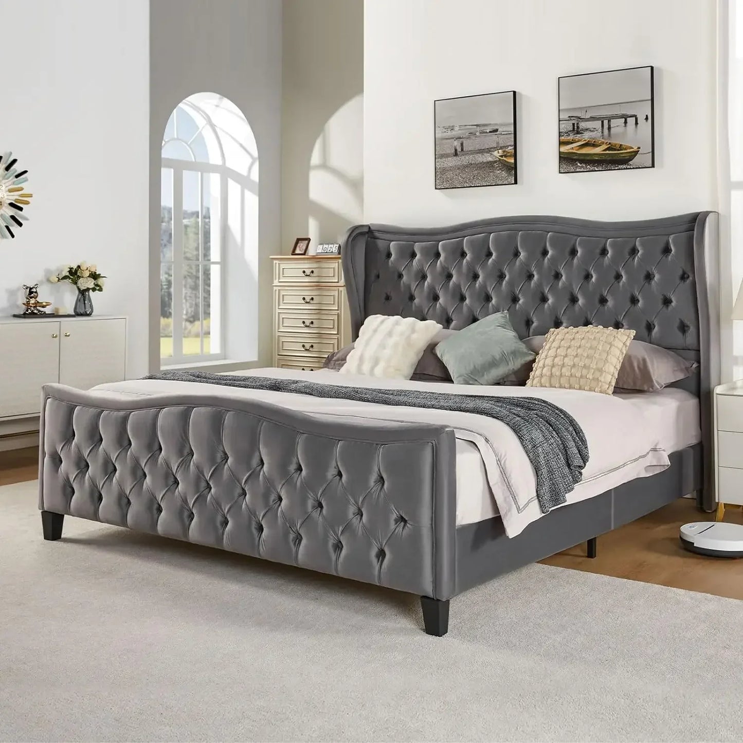 Platform Bed Frame, Wavy Velvet Wingback Upholstered Bed with Handmade Deep Button Tufted High Headboard & Footboard