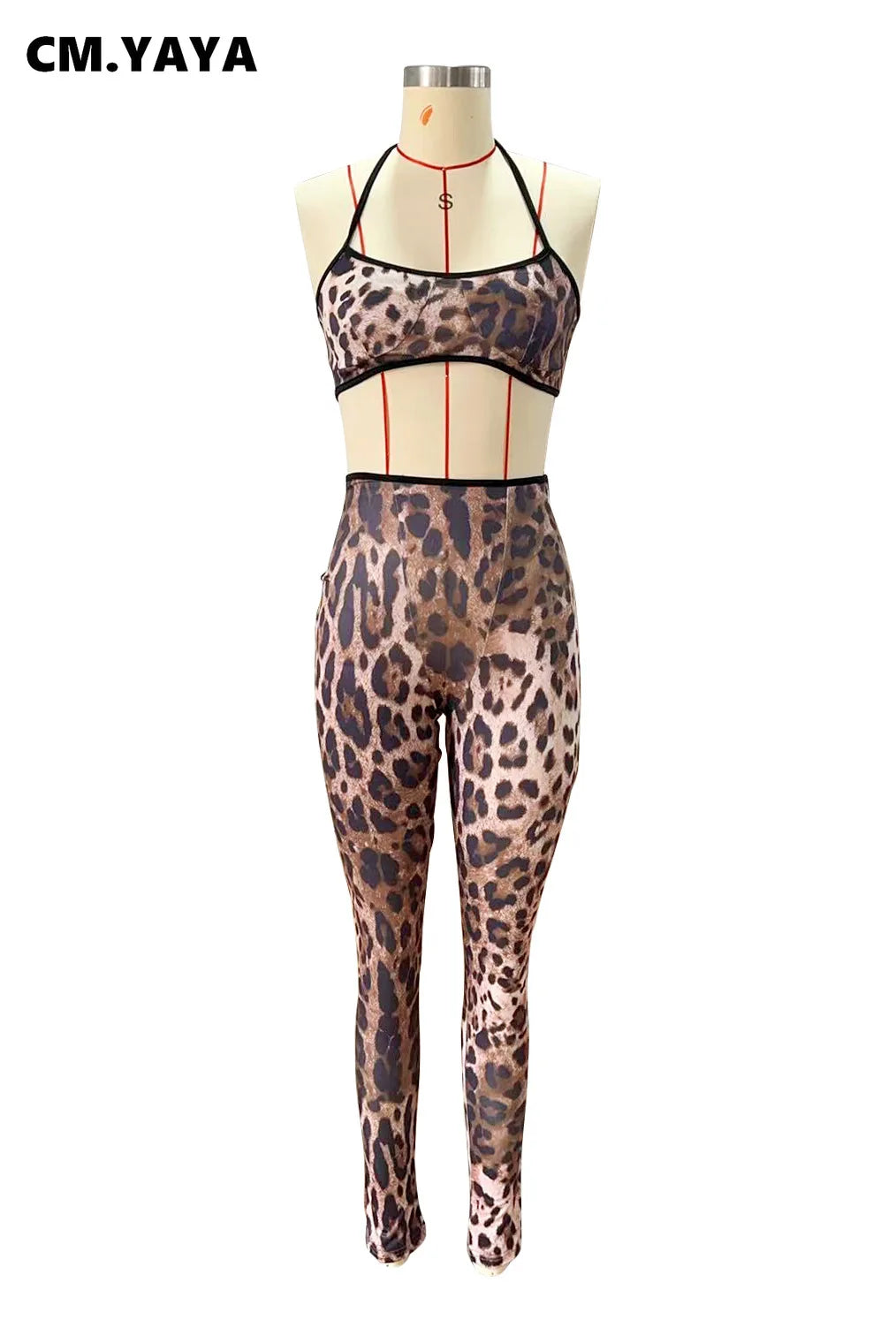 Leopard Printed Women's Set Strap Sleeve Crop Top and Legging Pants