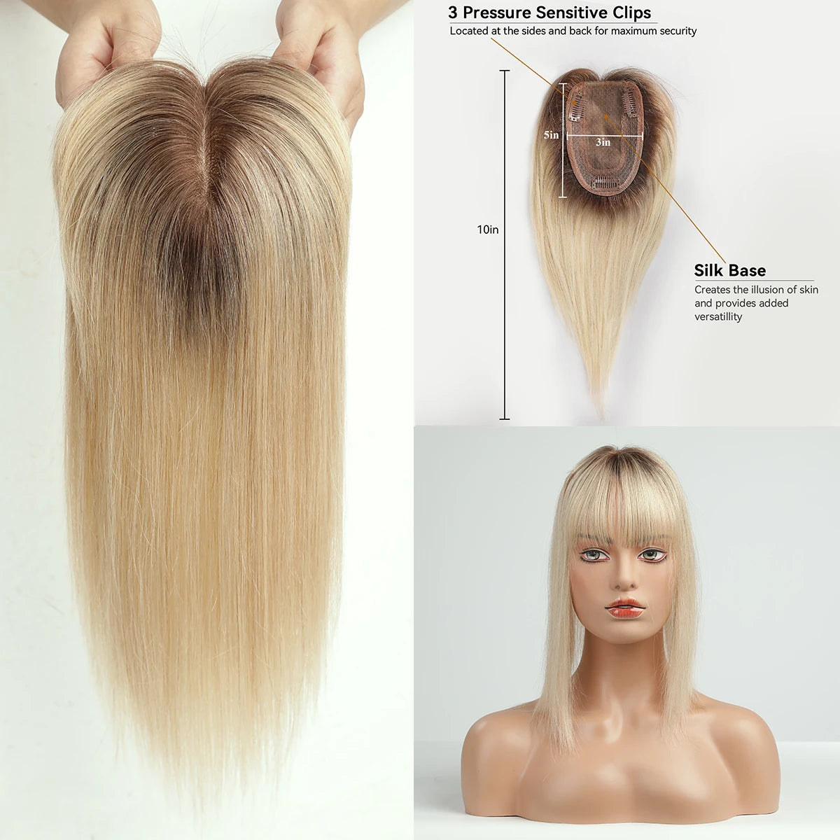 Ombre Blonde 100% Remy Human Hair Toppers with Bangs Silk Base Clip in Topper Top Hair in Hair Extension for Women 10/12/14inch