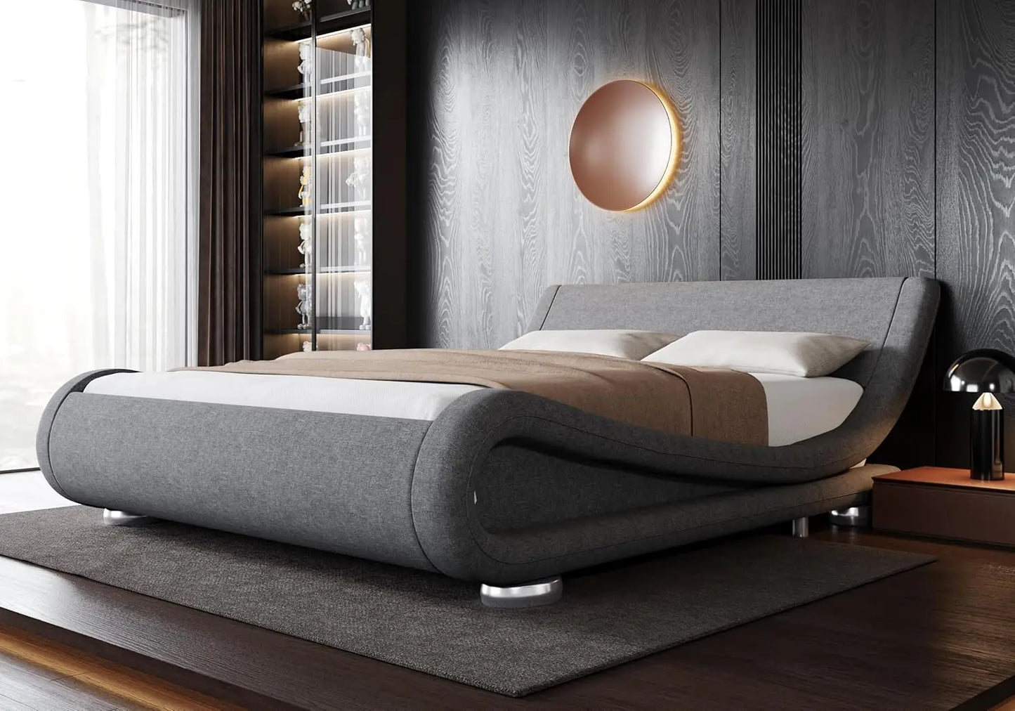 Queen Size Bed Frame with Ergonomic & Adjustable Headboard, Low Profile Modern Upholstered Platform Sleigh Design