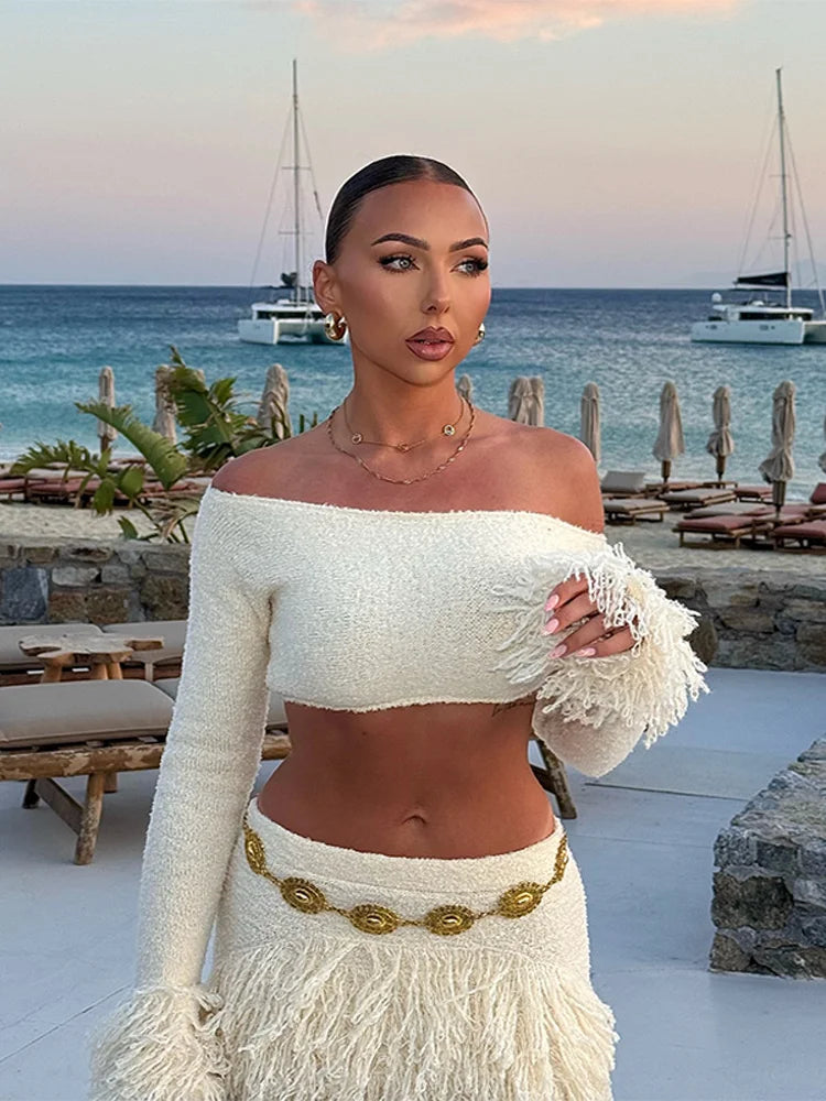 Elegant Tassel Knitted Skirt Set Women Off Shoulder Long Sleeve Crop Top Hip Package Mini Skirts Suit Summer Beach Lady Outfits