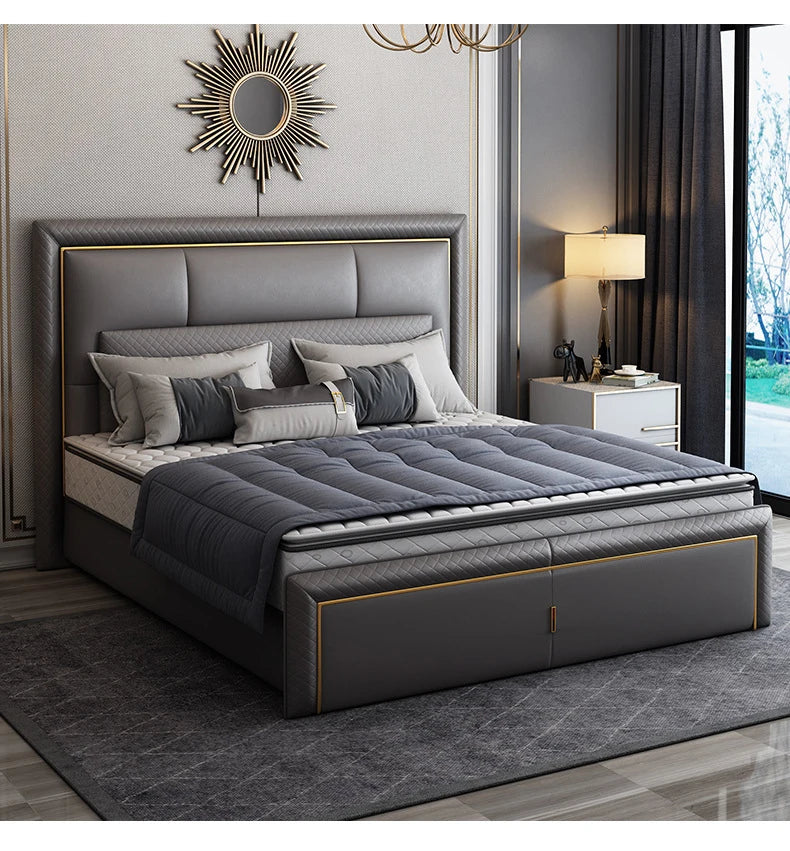 Light Luxury  Bed Frame Dark Gray Complete Furniture Bedrooms Set Beside Tables Cama King Size 2 People For Apartment Villa Home