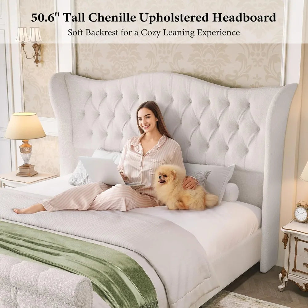 King Size Chenille Upholstered Bed Frame, Sleigh Platform Bed Frames with 51" Tall Wingback Headboard & 27" Scroll Footboard