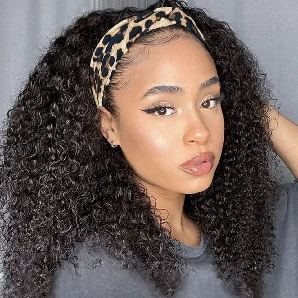 Curly Human Hair Headband Wig 180% Density Glueless Peruvian Kinky Curly Hair