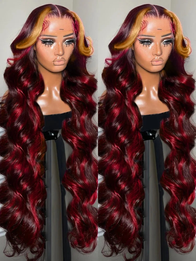 Ombre Red With Blonde Highlights Body Wave 5x5 Glueless Wigs Human Hair Burgundy for Women Pre Plucked 200 Density Colored Wig