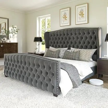 AMERLIFE Queen Size Platform Bed Frame, Velvet Upholstered Bed with Deep Button Tufted & Nailhead Trim Wingback Headboard/No Box