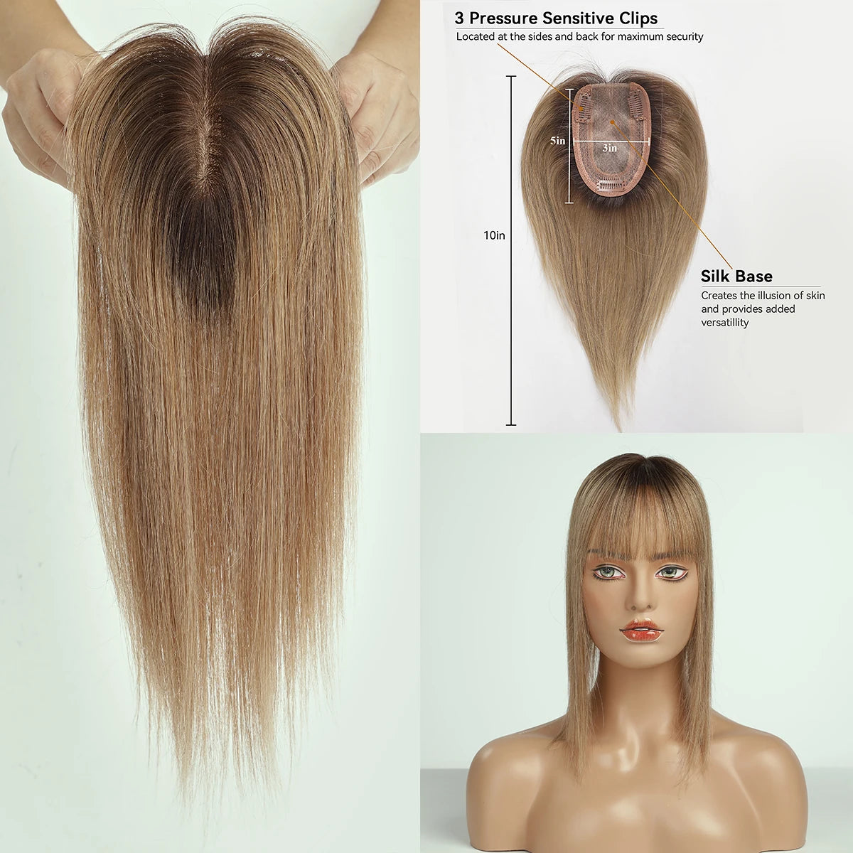 Ombre Blonde 100% Remy Human Hair Toppers with Bangs Silk Base Clip in Topper Top Hair in Hair Extension for Women 10/12/14inch