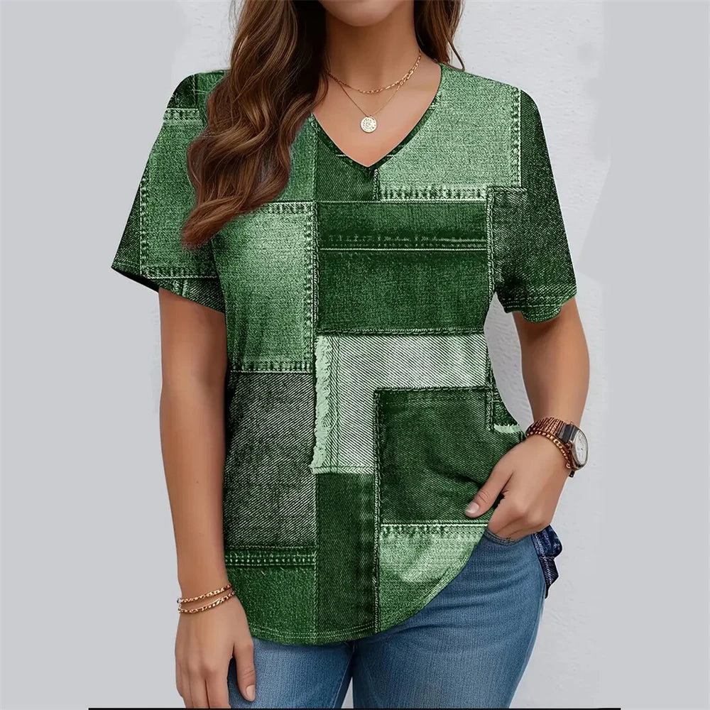 Printed Women's V-Neck Short Sleeve Women's Loose Shirt