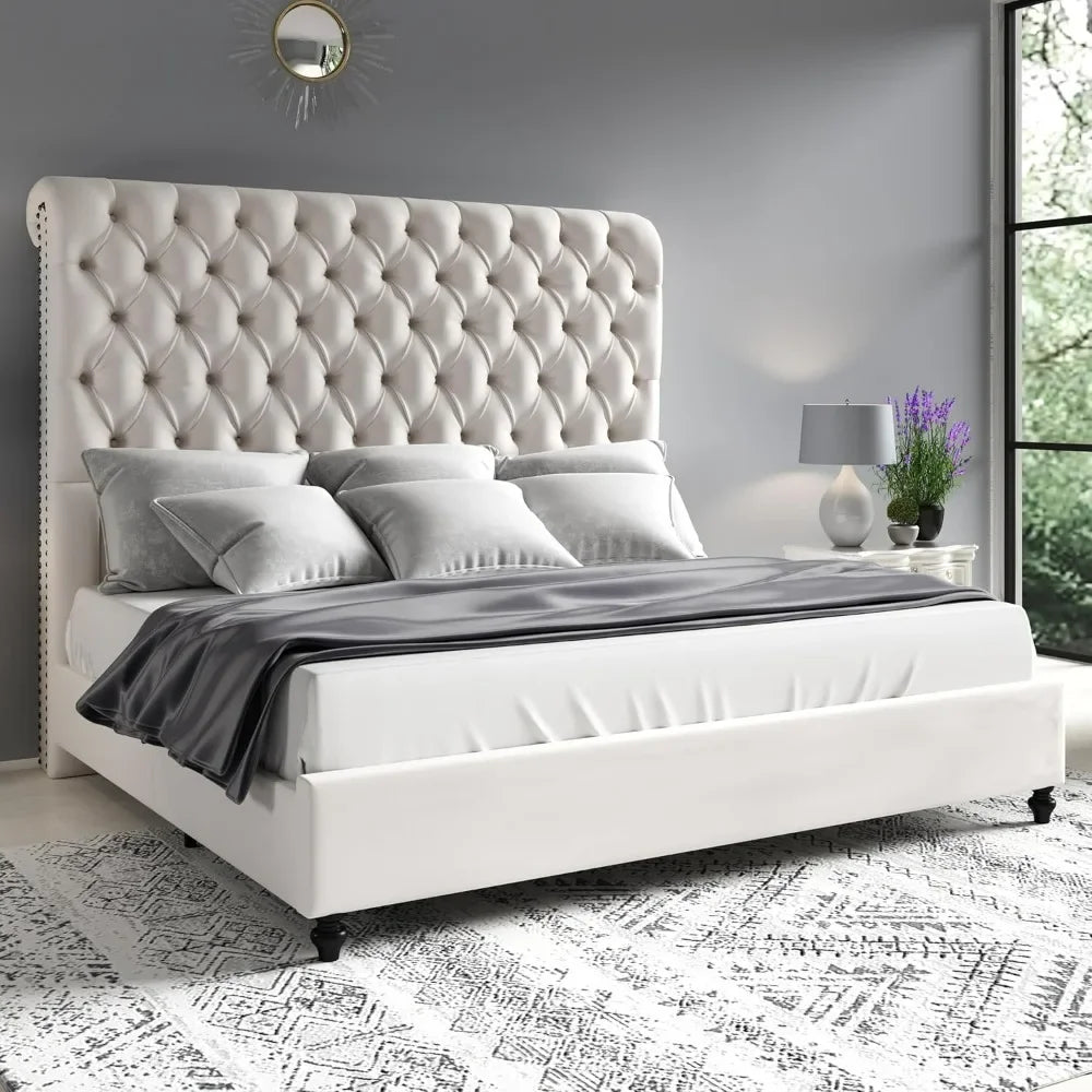 Queen Size Bed Frame with Sleigh Headboard 60" Tall Velvet Upholstered Platform Bed, No Box Spring Needed, Cream