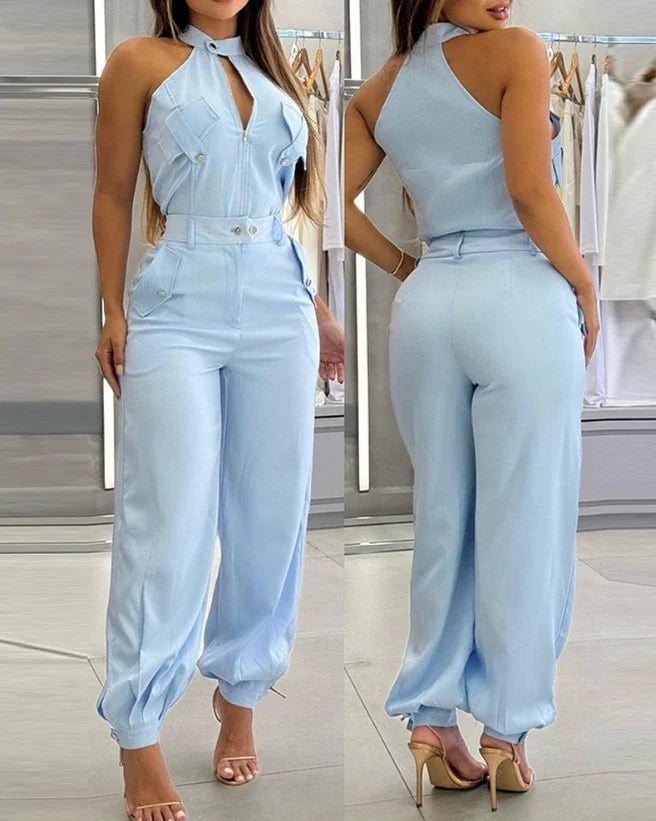 Two Piece Set Women Outfit Summer Sleeveless High Neck Cargo Pockets Design Top & Casual High Waist Cuffed Long Pants Set