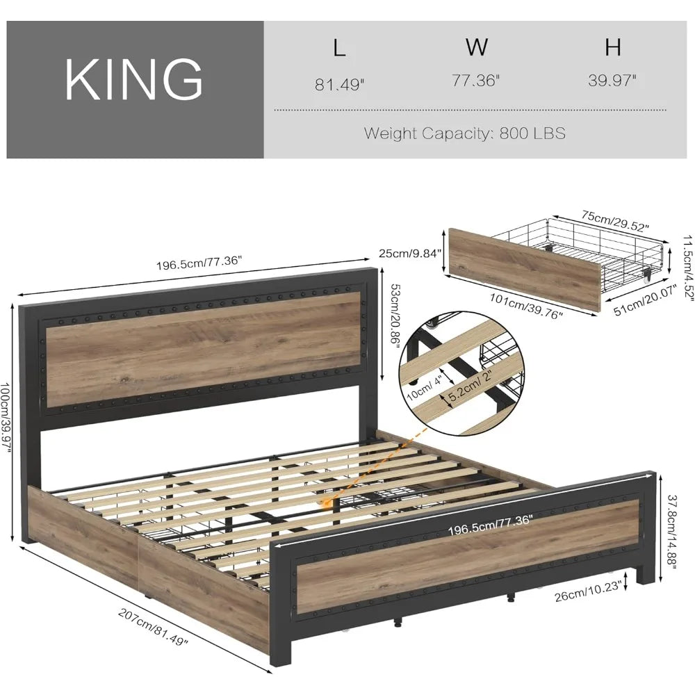 Keyluv King Bed Frame with 4 Storage Drawers, Rivet Modern Headboard and Footboard Platform Bed with Solid Wood Slats Support, N