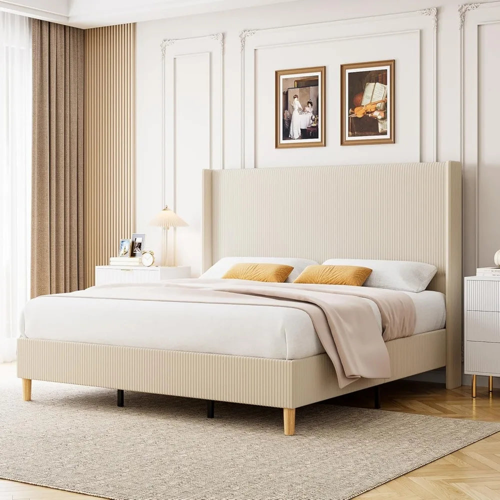 King Size Bed Frame, Upholstered Platform Corduroy Bed Frame with Vertical Channel Tufted Wingback Headboard, Strong Wooden Slat