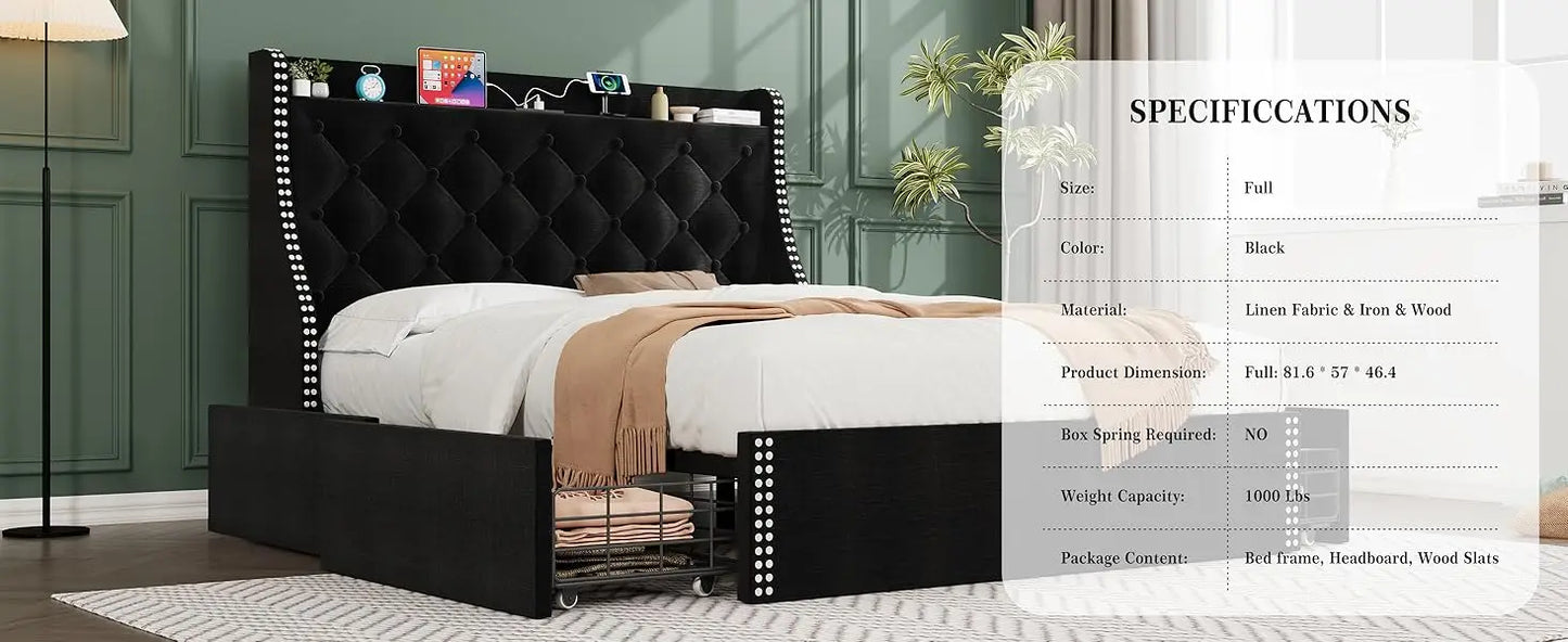 Large Bed Frame with 4 Storage Drawers and Storage Headboard Equipped with Charging Station Diamond Sewn Button Tufted Design