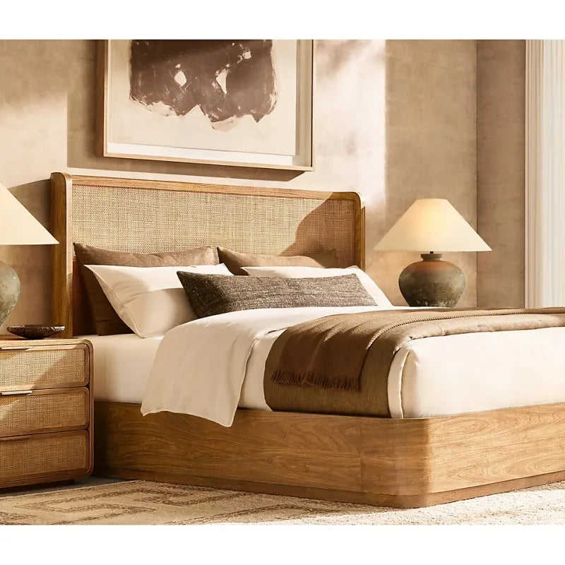 American Style Minimalist Wooden Rattan Weave king Size Bed Can Customize Bedroom Furniture