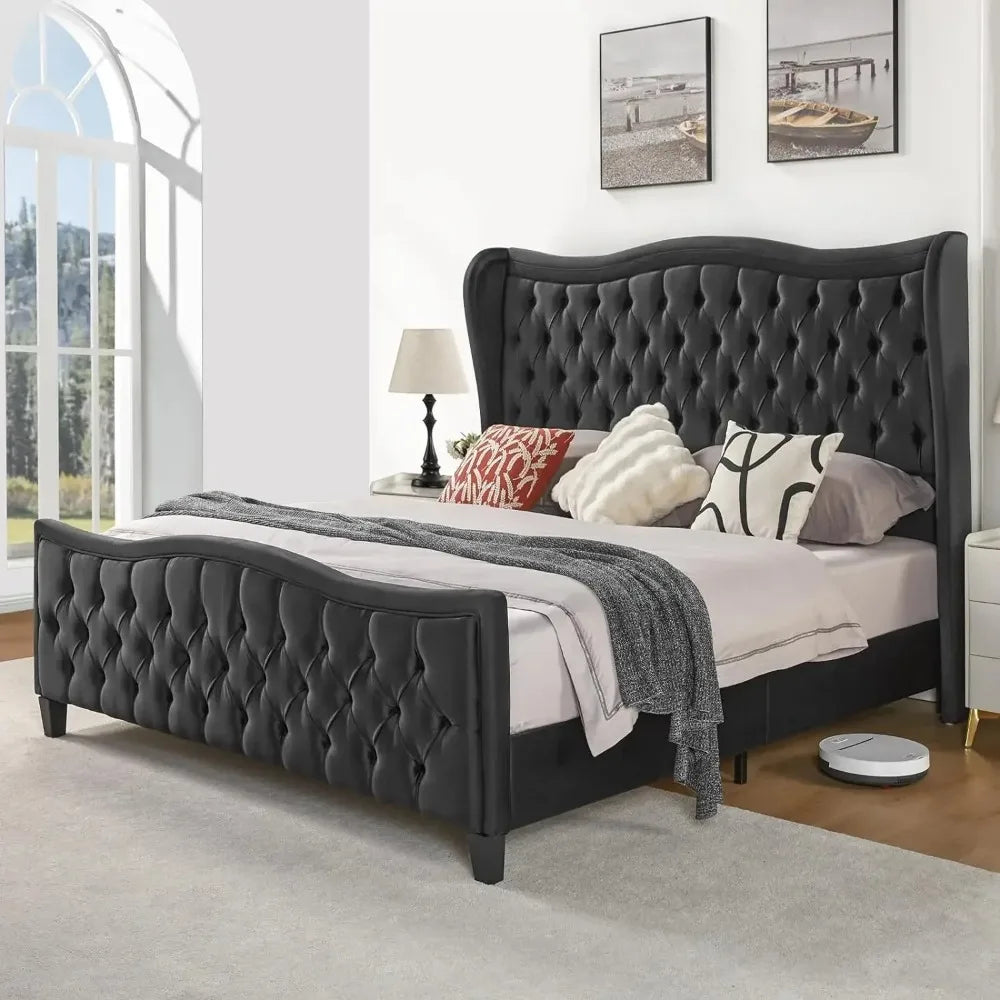 Platform Bed Frame, Wavy Velvet Wingback Upholstered Bed with Handmade Deep Button Tufted High Headboard & Footboard