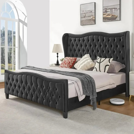 Platform Bed Frame, Wavy Velvet Wingback Upholstered Bed with Handmade Deep Button Tufted High Headboard & Footboard