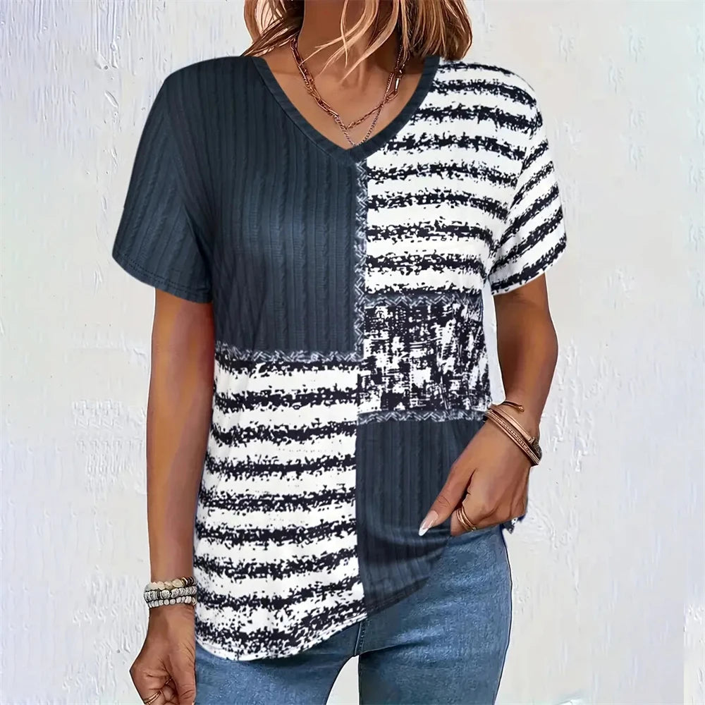 Printed Women's V-Neck Short Sleeve Women's Loose Shirt