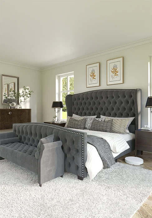 AMERLIFE Queen Size Platform Bed Frame, Chenille Upholstered Sleigh Bed with Wingback Headboard, No Box Spring, Cream
