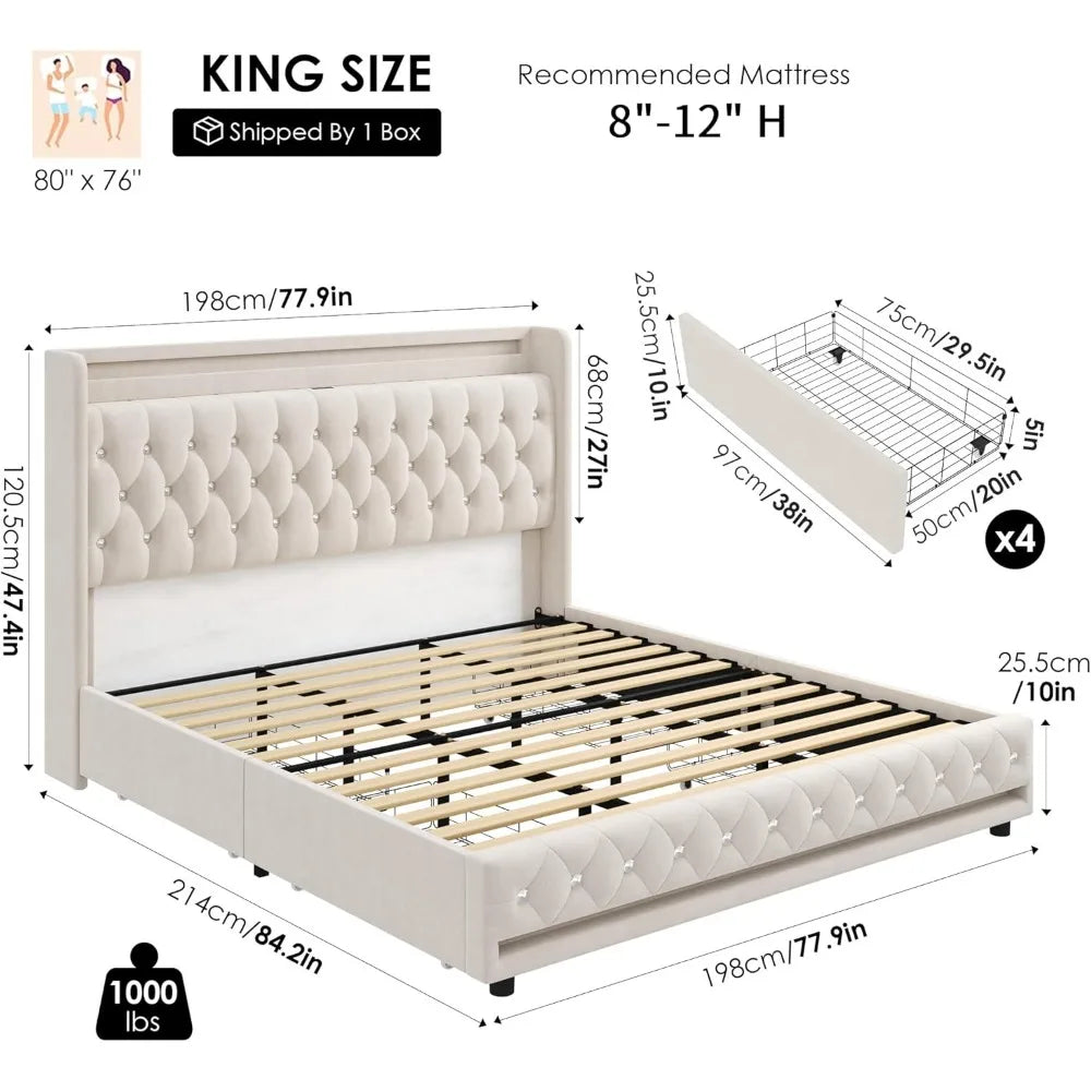 bedstead, with Charging Station and 4 Storage Drawers, Velvet Upholstered Platform Bed with Headboard, Metal Frame, bedstead