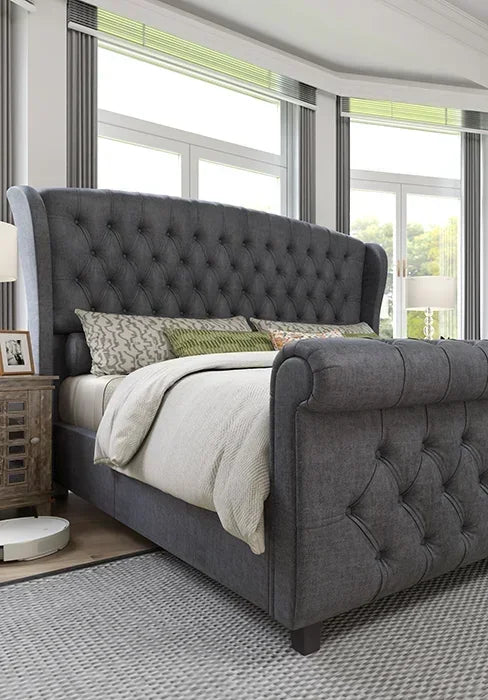 King Size Bed Frame, Chenille Upholstered Sleigh Beds with Scroll Wingback Headboard & Footboard/Button, King Size Bed Frame
