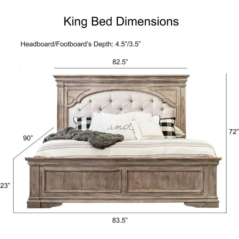 King Bed with Upholstered Button Tufted Headboard and Low Vertical Planked Inset, 83.5" x 90", Farmhouse Style Bed Frame