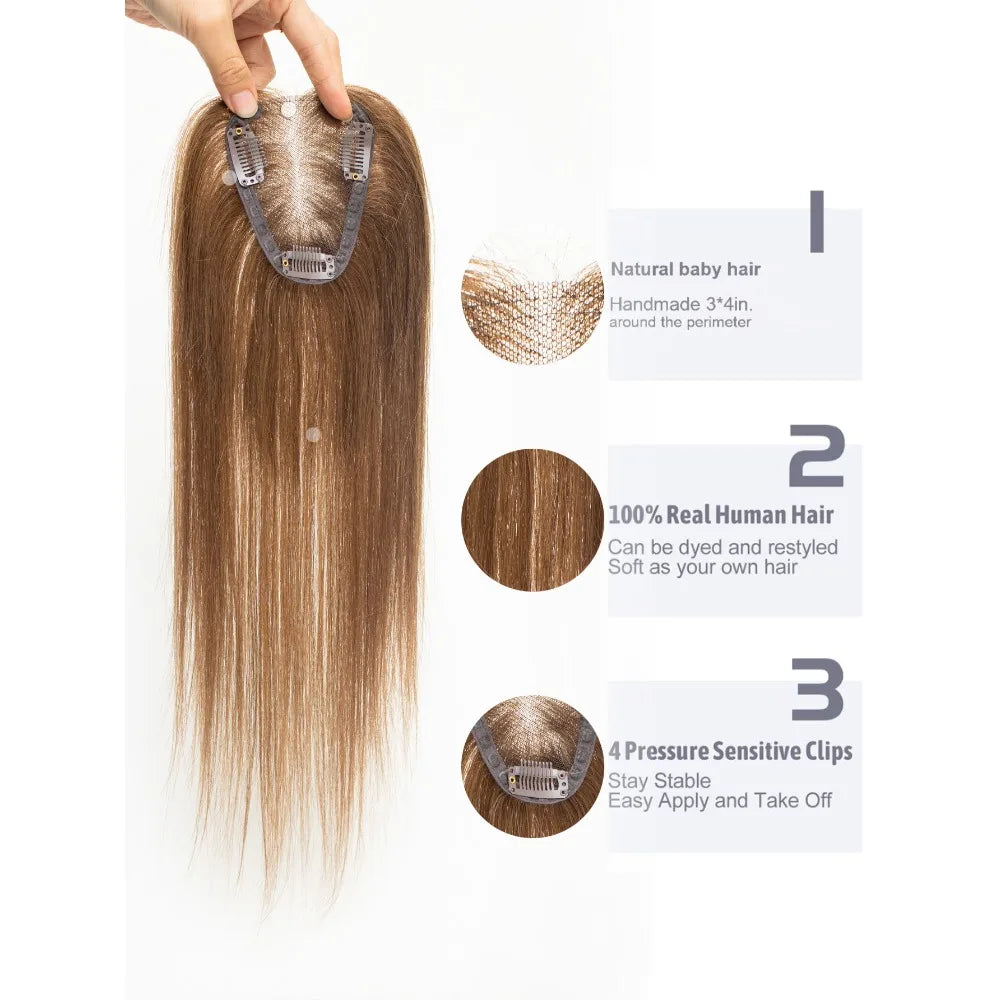 100% Human Hair Toppers Lace Base Clips In Hair with Bangs Straight 100% Remy Human Hair